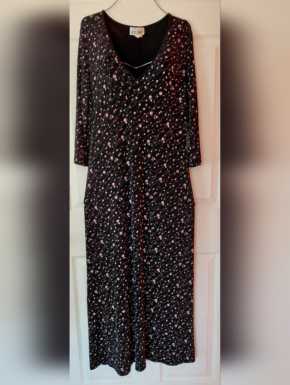 Vtg 90's Es.se. Made In USA  Black Pink Floral V Neck Casual Maxi Dress Sz L